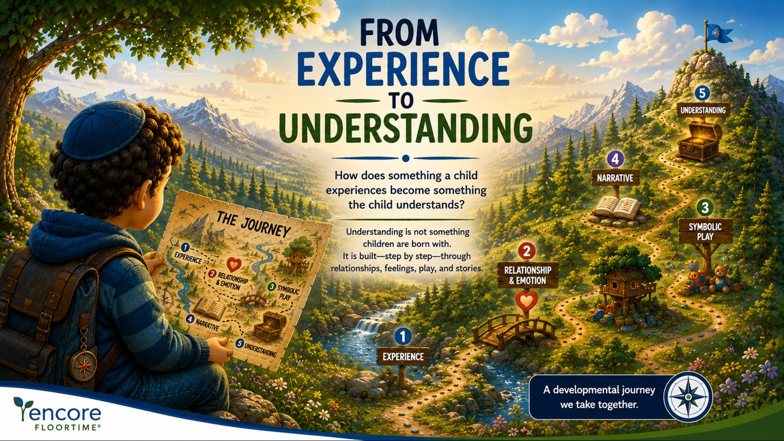 Slide: From experience to understanding. A child reads a map of the journey: experience, relationship and emotion, symbolic play, narrative, understanding.